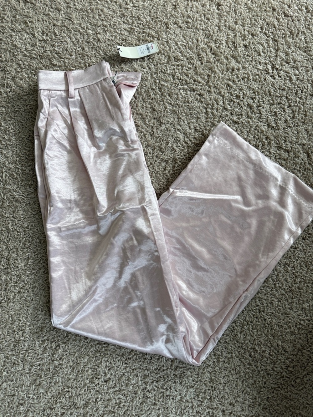 Shimmery Light Pink Satin Wide-Leg Pants